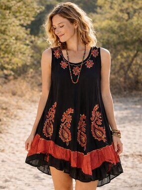Boho Black Embroidered Tunic Dress | Free Size | Festival / Boho / Artistic Chic